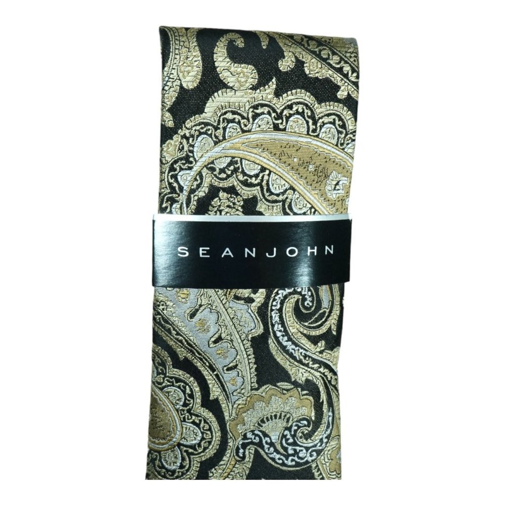 NWT $59 Sean John 100% Silk Neck Tie‎ Gold Black Dewel Paisley 58" Classic Slim
